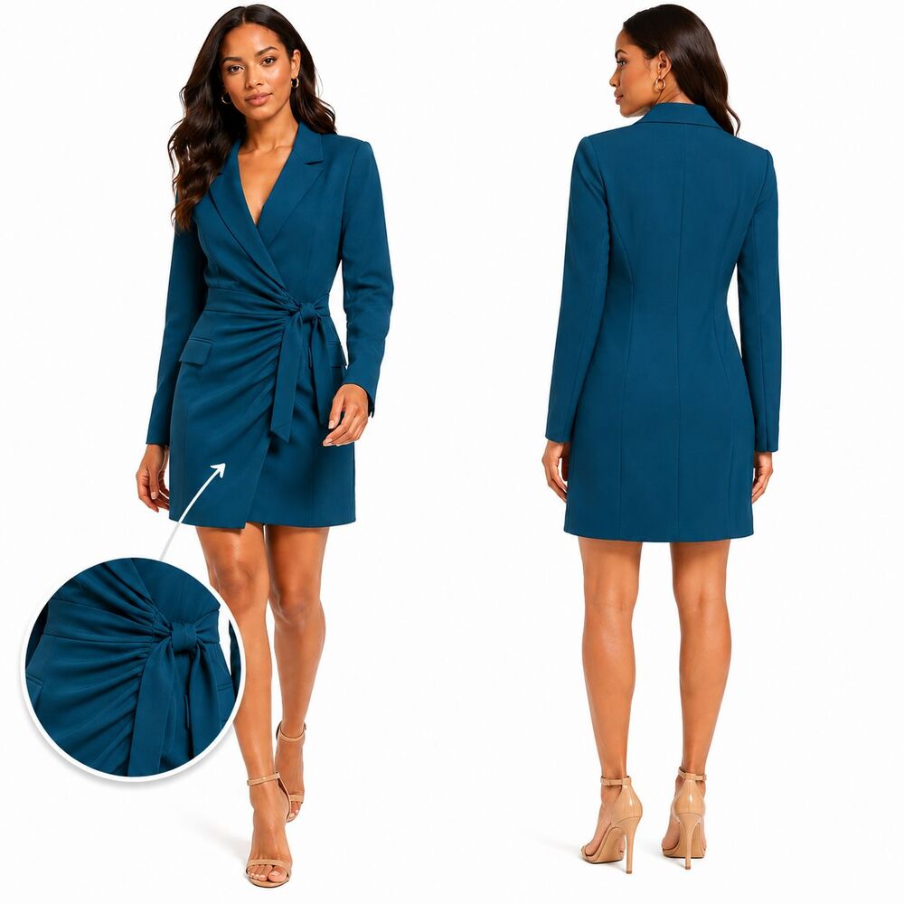 NY & Company Womens Teal Blue Wrap Blazer Dress Tie Waist Long Sleeve Size Large